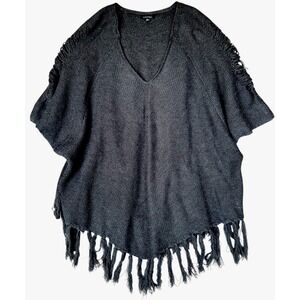 Papermoon Poncho Women M/L Granite Gray Distressed Fringe Boho Coastal Lagenlook